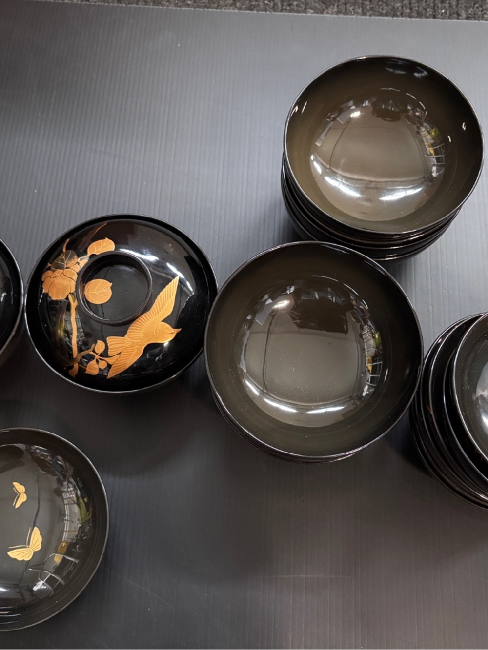 Black Japanese Soup  Bowls with Gold Bird Motif - Set